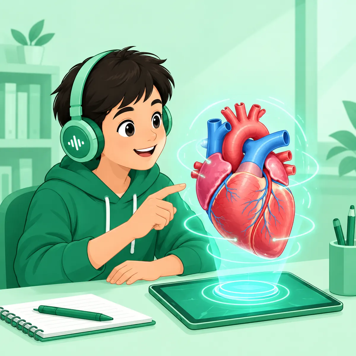 Student pointing at a holographic 3D heart rising from a tablet
