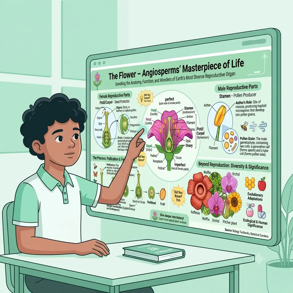 Student pointing at an infographic explaining the parts of a flower
