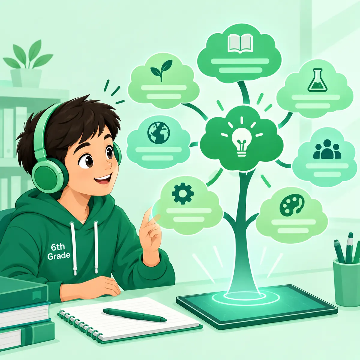 Student exploring a glowing mind map tree of connected topics