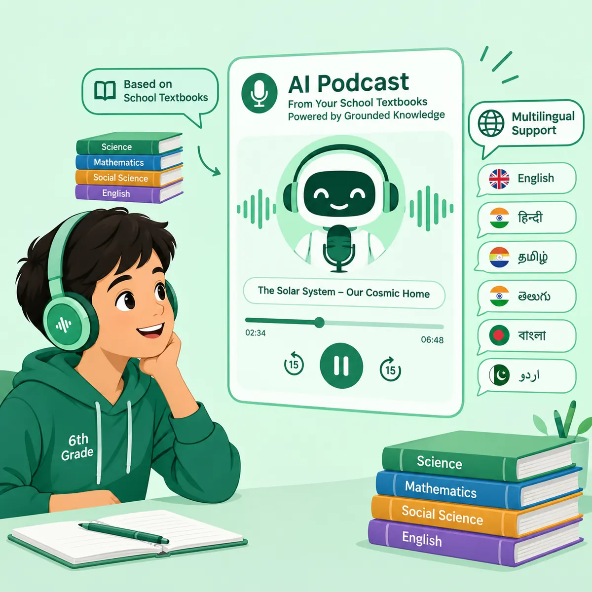 Student listening to an AI podcast made from school textbooks, available in many Indian languages